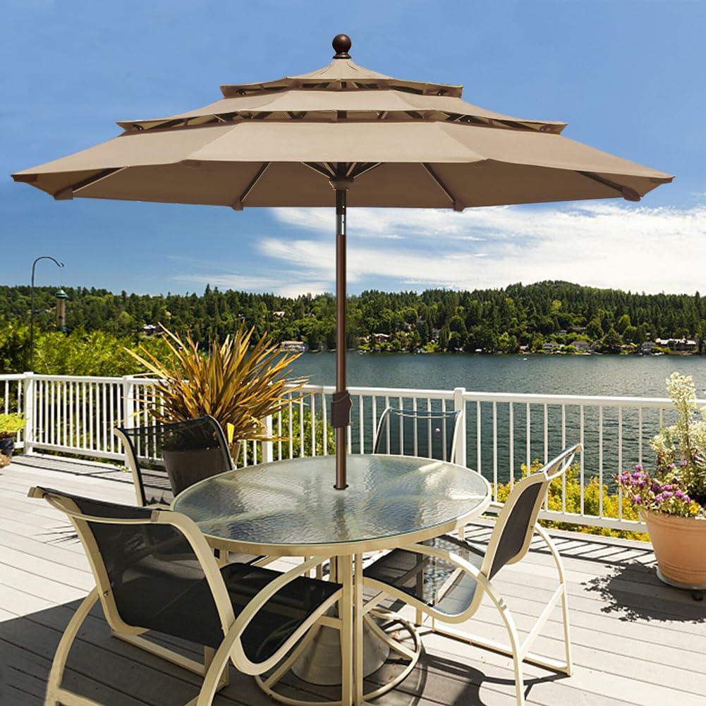 USA 10-Year-Non-Fading 9ft 3-Tier Market Patio Umbrella, Commercial Grade Outdoor Table Umbrella with Crank Open - Heath