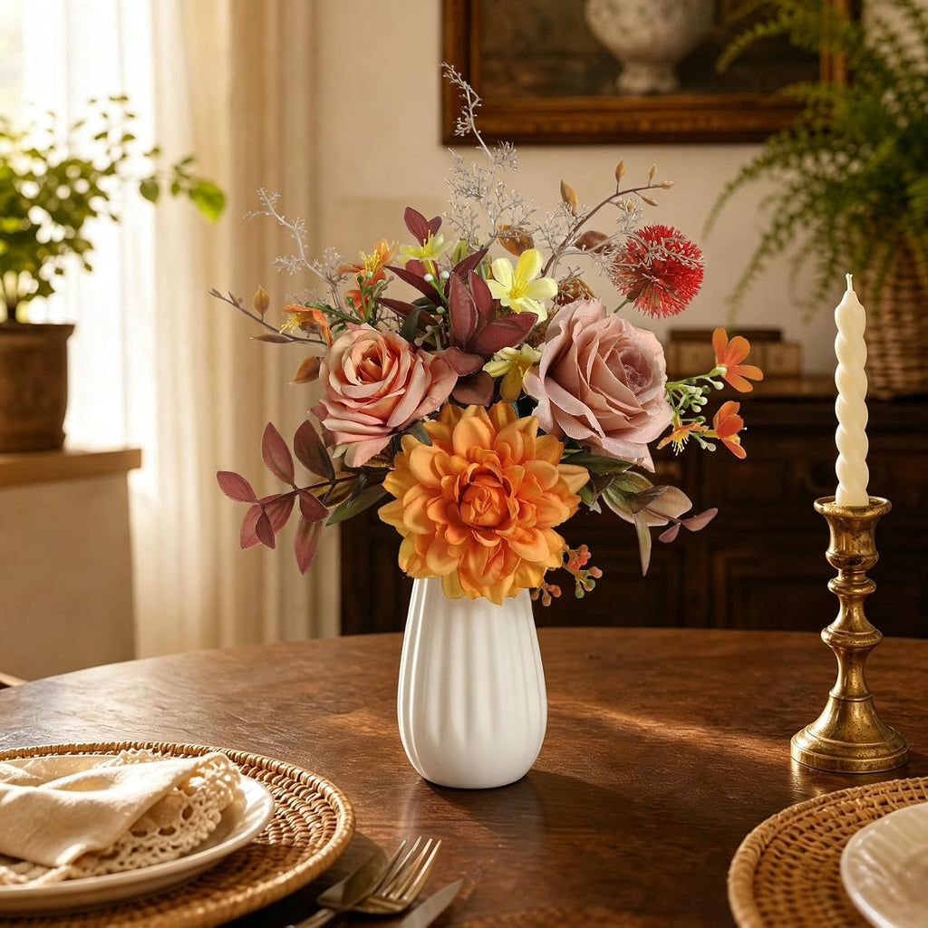 Small 11" Artificial Flowers in Ceramic Vase - Orange Silk Flower Centerpiece for Dining Table, Office, Wedding &