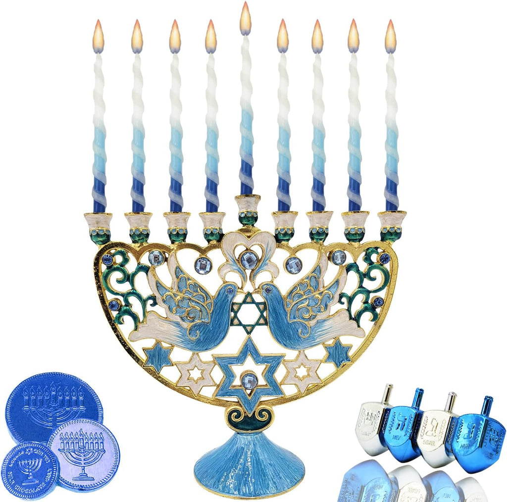 Hanukkah Large 12-Inch Tall Hand Painted Enamel, Star of David Magen David & Blue Bird Design, Hand-Painted Enameled