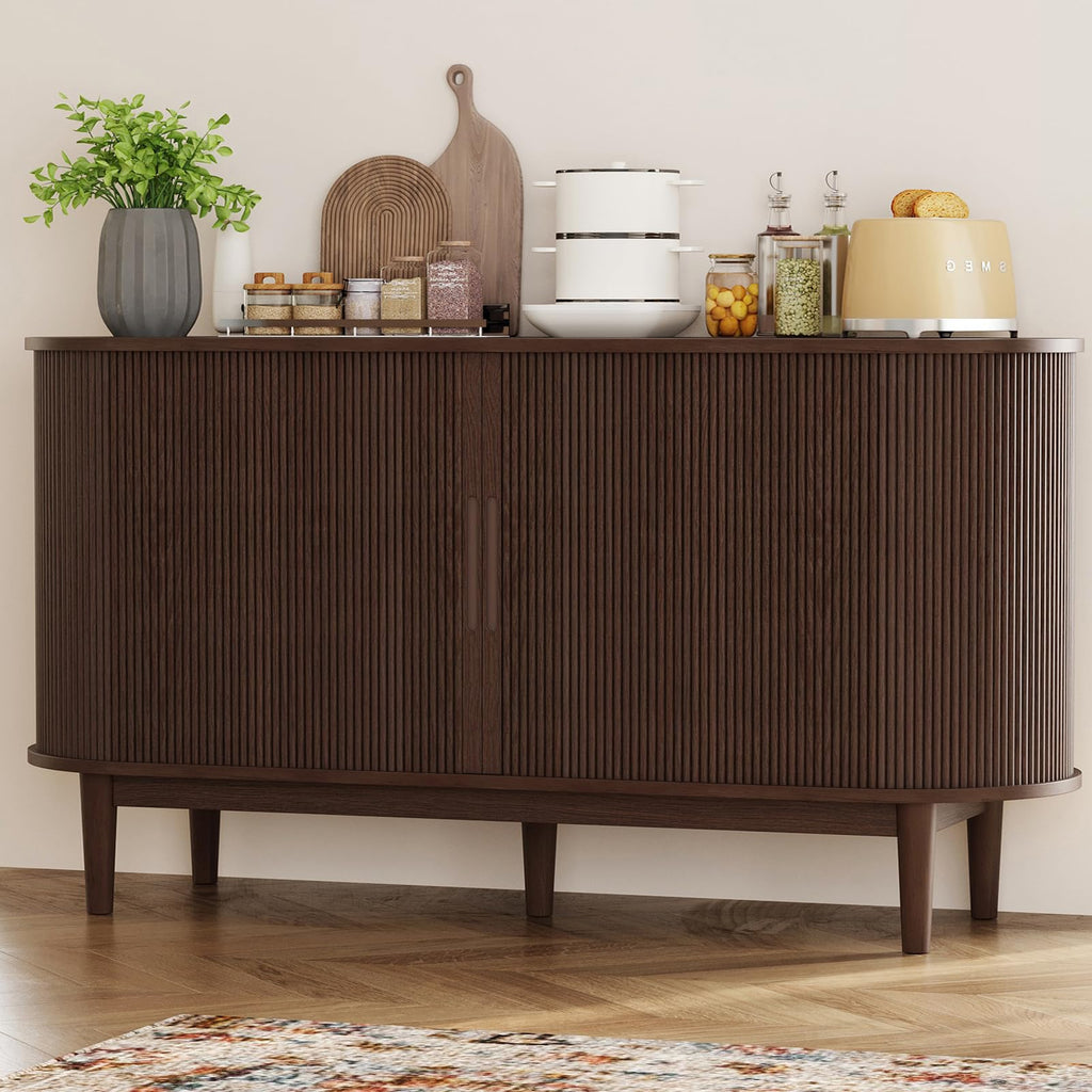 Sideboard Buffet Cabinet with Storage, 55" Fluted Coffee Bar Cabinet with Tambour Sliding Doors and Drawer, Mid