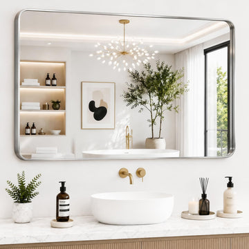 Bathroom Mirrors for Over Sink, 1Pcs 32x48Inch Vanity Mirrors for Wall, Silver Metal Frame Rectangle Mirrors Farmhouse