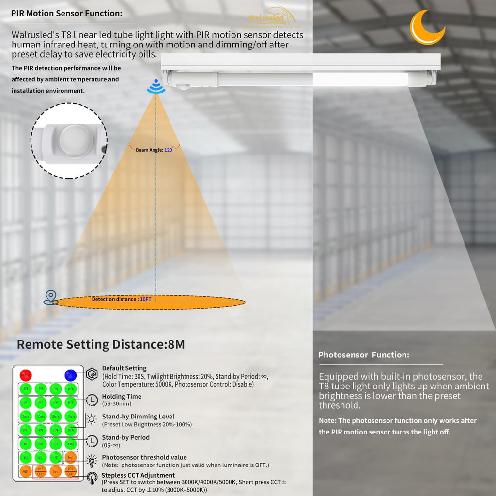 T8 LED Tube Light 2FT with Photocell and PIR Motion Sensor, Remote, Dimmable, IP4X, G13, 120V, CCT, 10W, 1000 LM, LED