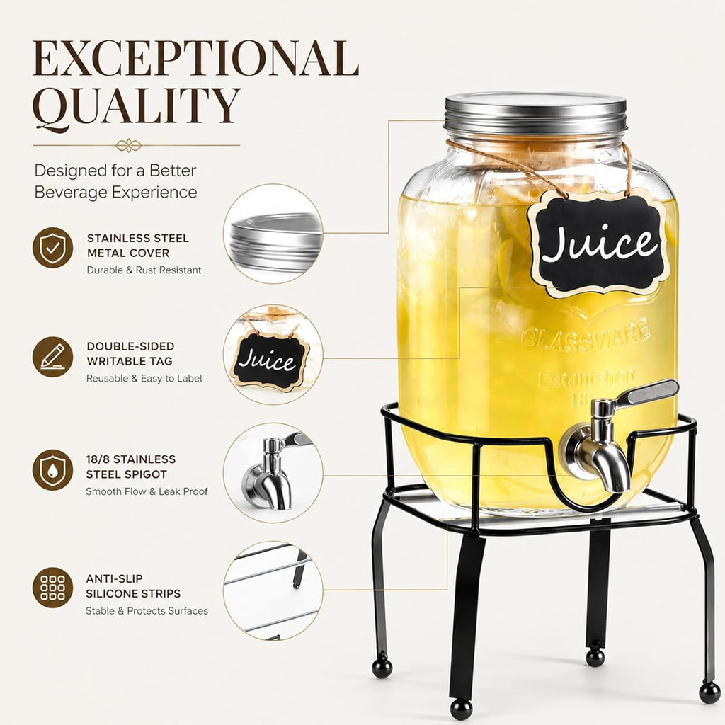 Pack1 Gallon For Parties,Beverage Dispenser with Stand,304 Stainless Steel Spigot Leakproof,Lemonade Dispenser - Set of 2
