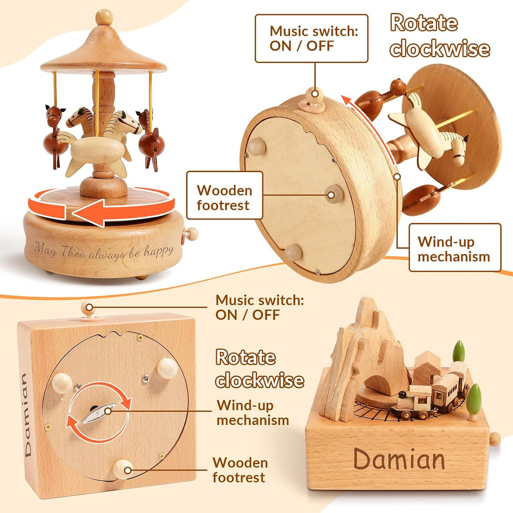 Personalized Wooden Carousel Music Box - Custom Name Gift for Friends, Birthday Christmas Valentine's Day Gift Home