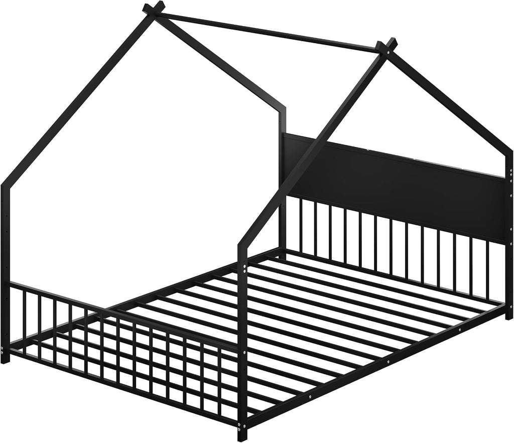 House Floor BedFrame with Slats for Kids, Metal House Bed with high headboard, Black with roof and Lights