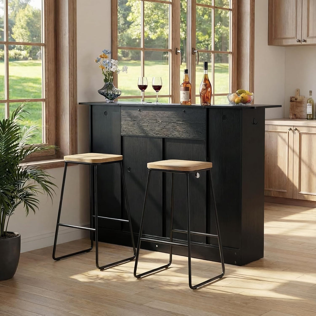 Home Bar Unit, Wine Bar Cabinet Table 4-Tier with Storage Drawer Shelves, Wine Glass Holder, Bottle Rack, LED Light