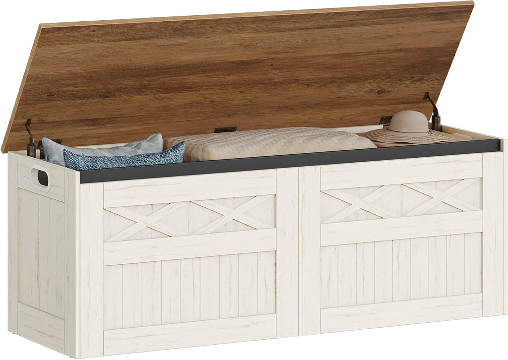 47" Storage Bench, Lift Top,210L/55 Gal Large Storage Chest | | 330lb Load Capacity, Retro White, Farmhouse Style
