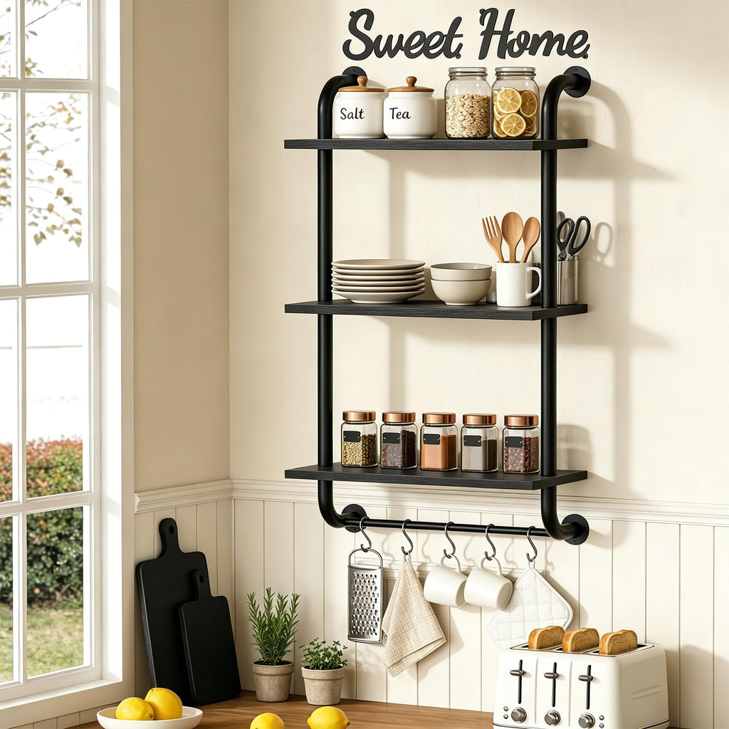Bathroom Shelves Wall Mounted, Rustic Farmhouse Pipe Shelves, Walls Shelf 3-Tier, Industrial Pipe Shelving, Floating