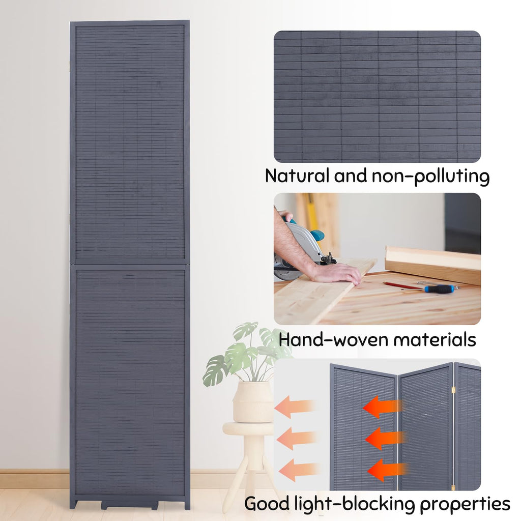 Bamboo Mesh Woven Room Divider 5.6FT, 4 Panel Folding Privacy Screen, Grey