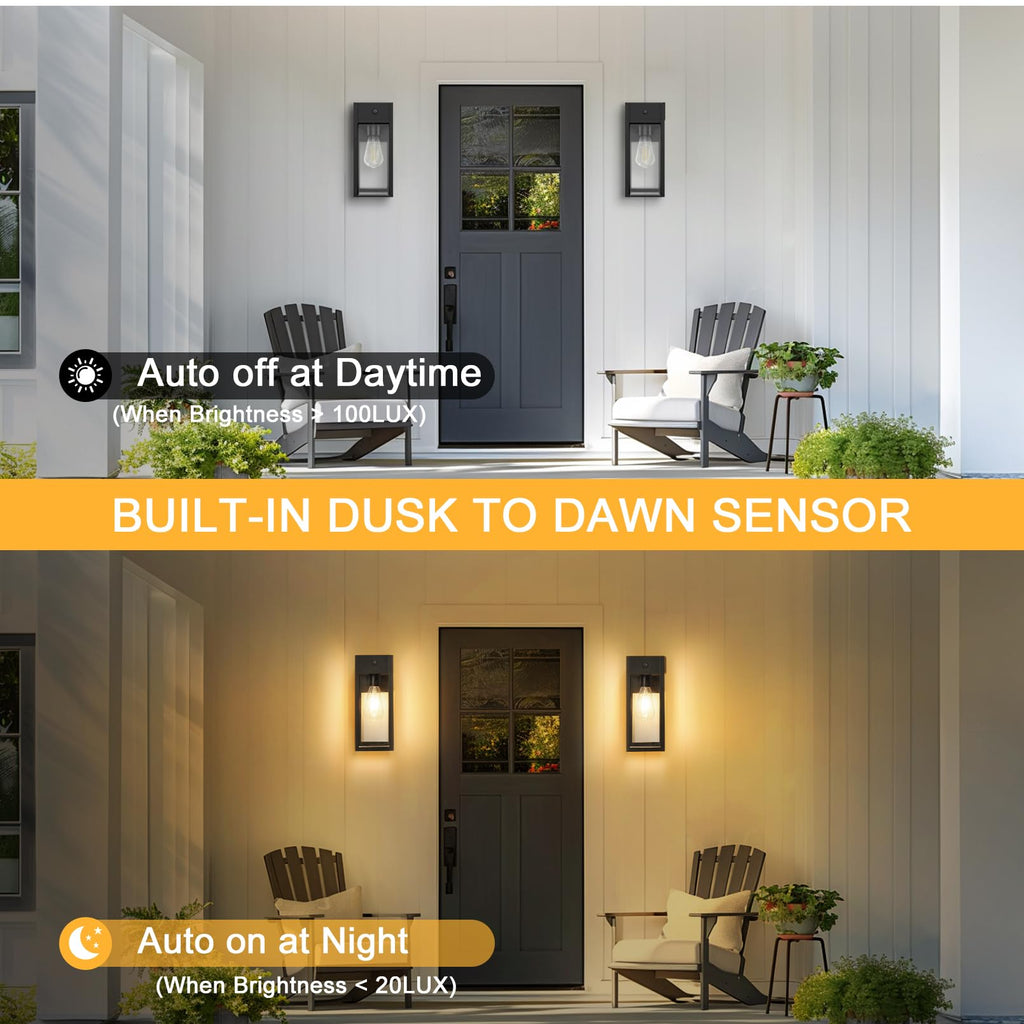 Porch Lights with Outlet, Dusk to Dawn Outdoor Light, 2-Pack Black