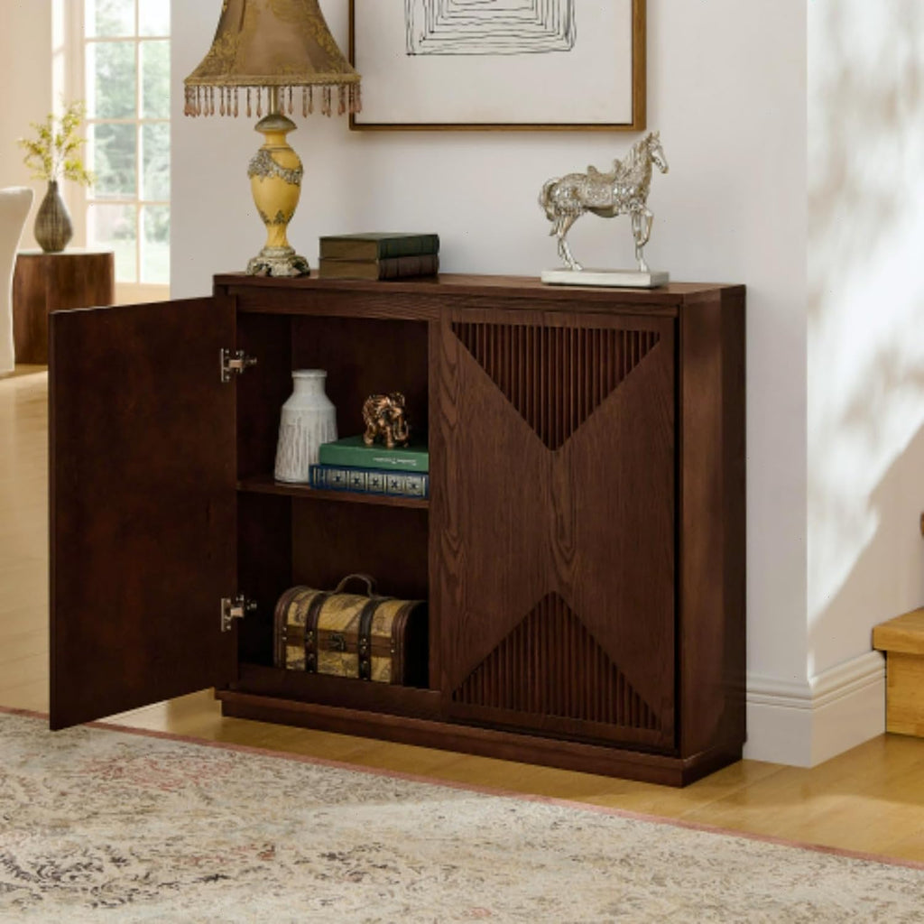 Narrow Sideboard Buffet Storage Cabinet with Solid Wood Doors | Mid Century Modern Accent Credenza Cabinet; Media