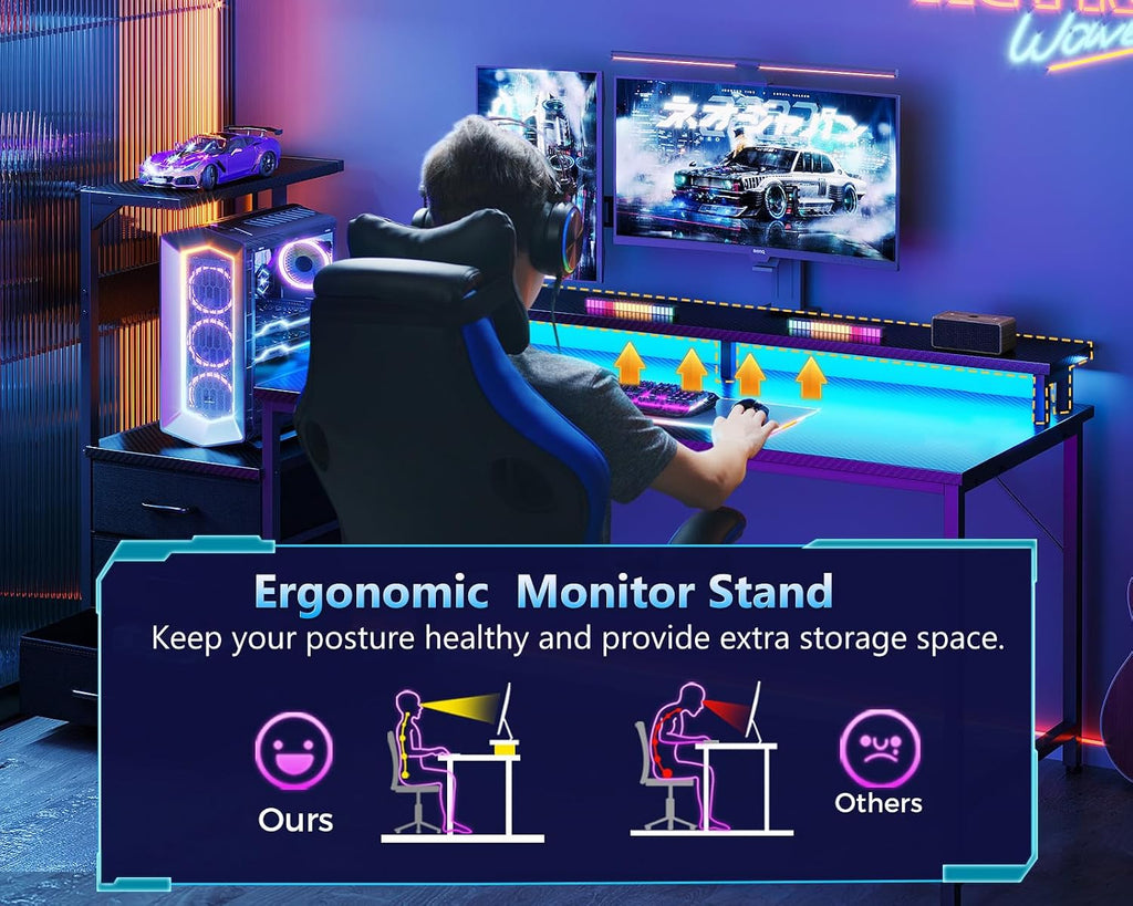 Gaming Desk w/PC Showcase Stand, 59" Reversible, RGB LED, Black | Elevated stand fits Lian Li O11, Hyte Y60. Triple