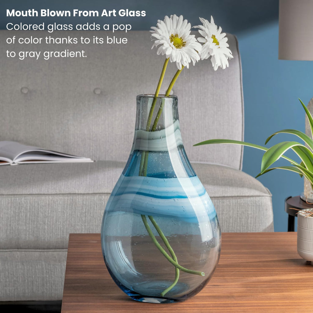 Andrea 11" Hand Blown Blue Glass Vase, Unique Coastal Swirls | Layered Blue & Gray Swirls, Narrow Opening, Watertight