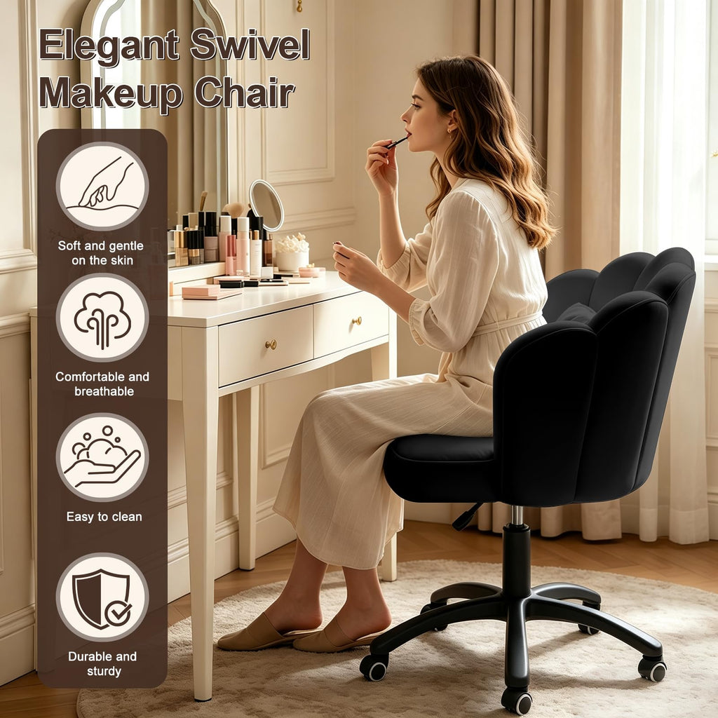Black Vanity Chair with Bow Cusion, Mid-Back Home Office Desk Chair
