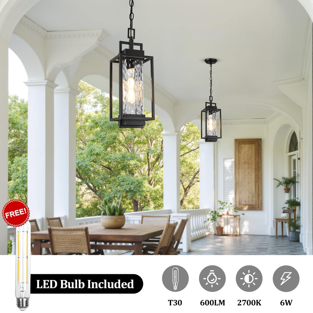 15" Outdoor Pendant Light, Modern Hanging Lantern with LED Bulb