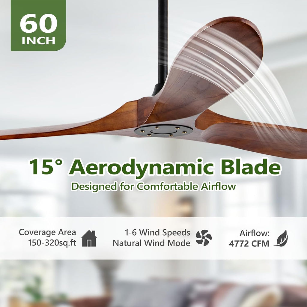 Inspired Maverick Style 60 Inch Solid Wood Ceiling Fans No Lights Remote Control,Large Outdoor Real Wood Ceilings Fan