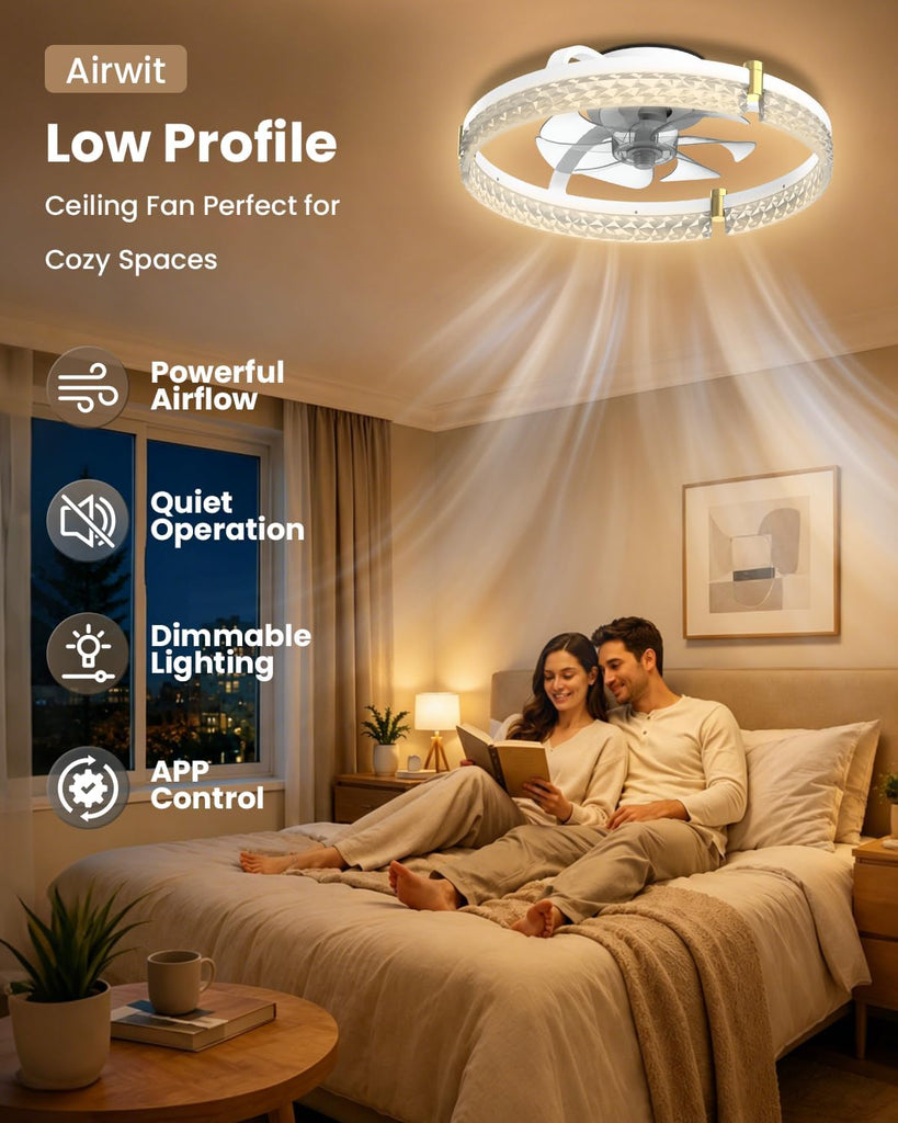 White Low Profile Ceiling Fan with Lights, 6 Speeds, APP & Remote