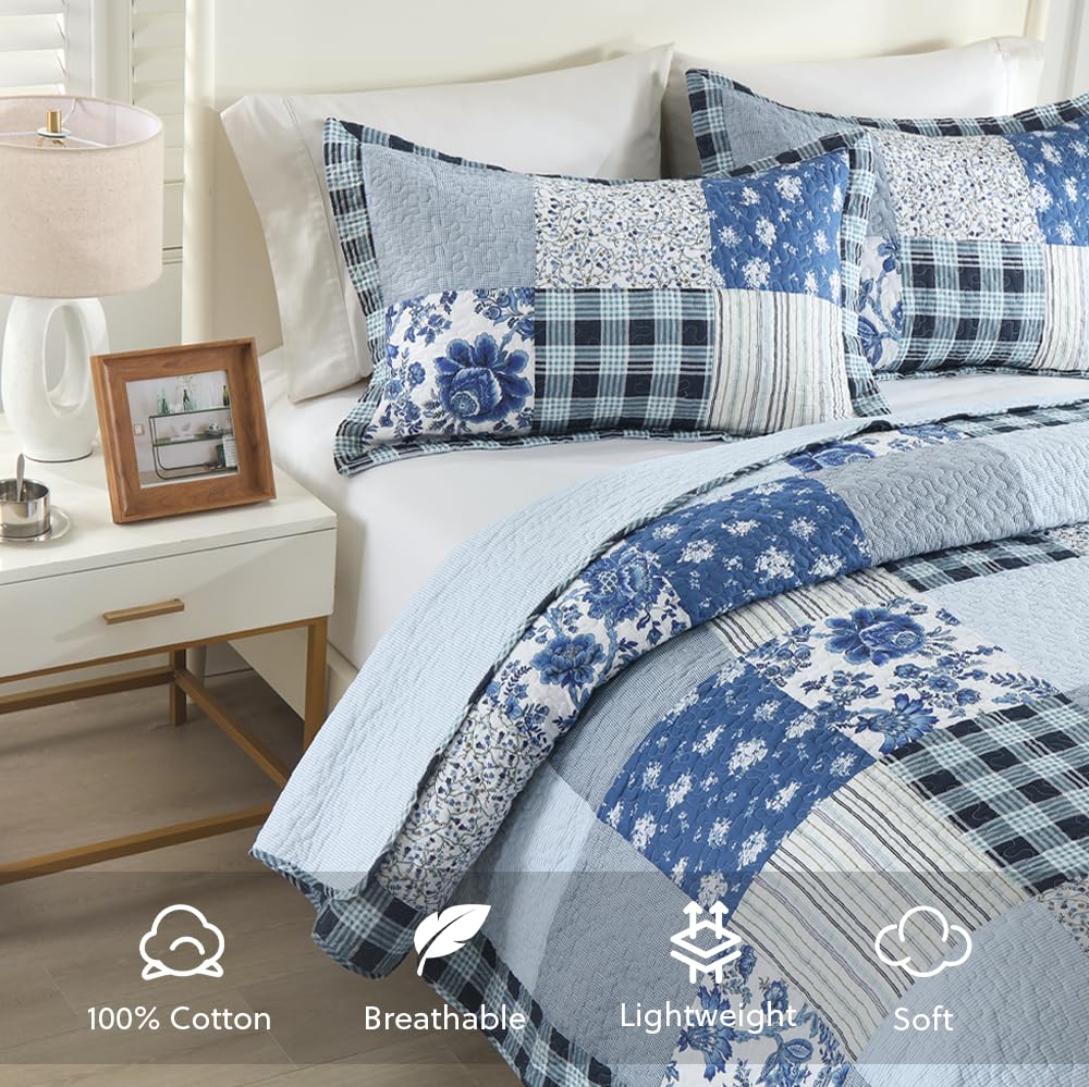 Cotton Patchwork Quilt Sets, Lightweight Reversible Coverlet Bedding Sets with 2 Pillow Shams, Blue White