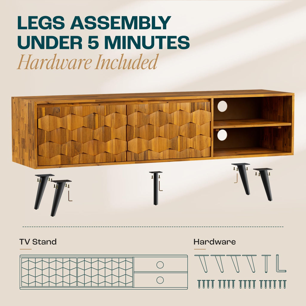 Georgina Solid Wood, 10 Minutes Assembly Entertainment Center with Storage Geometric Pattern Console for Living