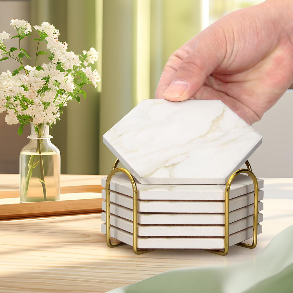 White Marble Coaster Set with Holder Hexagon Ceramic Coasters Absorbent Coasters Drink Coasters Set for Coffee - Set of 6