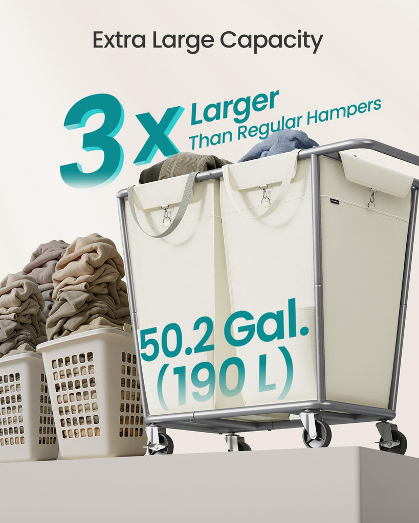 2-Section Laundry Basket with Wheels, 50.2 Gallons (190 L) Hamper