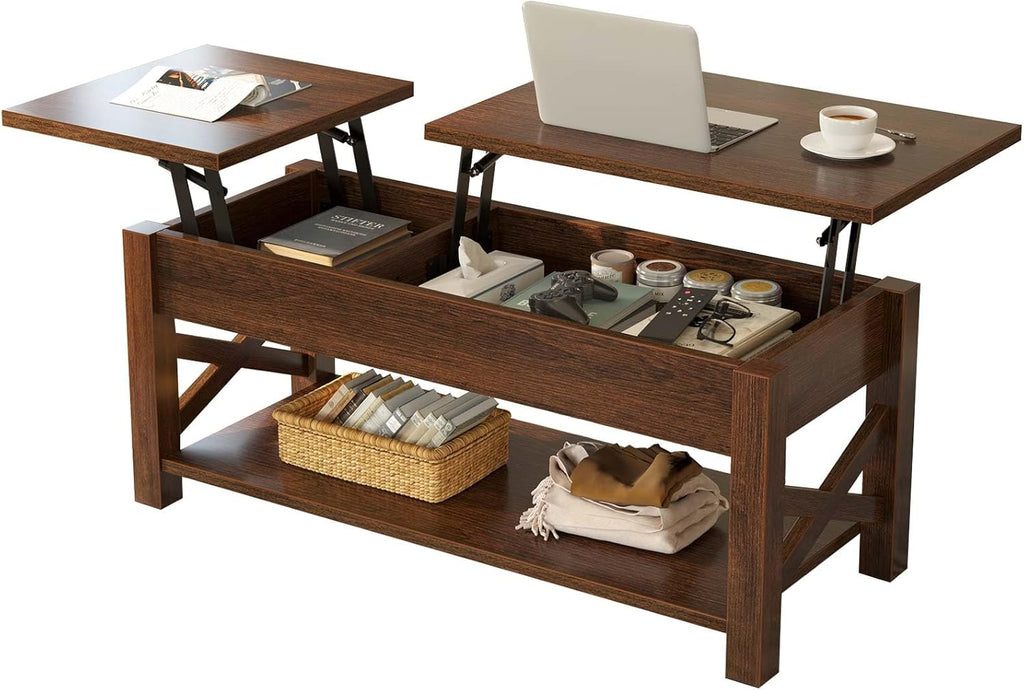 Coffee Table, 47.2" Lift Top with Hidden Compartment, 2 Way Lift Top Coffee Table with Open Shelf & X Wooded Support