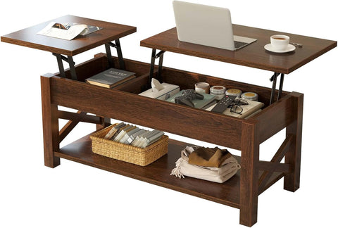Coffee Table, 47.2" Lift Top with Hidden Compartment, 2 Way Lift Top Coffee Table with Open Shelf & X Wooded Support