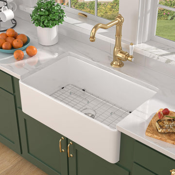33x20 Inch White Farmhouse Sink, Fireclay Apron Front Single Bowl Ceramic Poecelain Farmhouse Kitchen Sink #