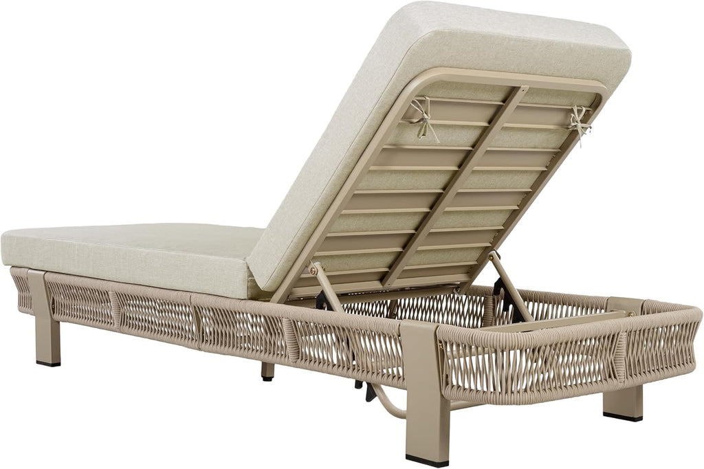 Outdoor Chaise Lounge with Water-Resistant Cushion, 400lbs Capacity, Beige | Metal & Rope Frame, Adjustable Backrest