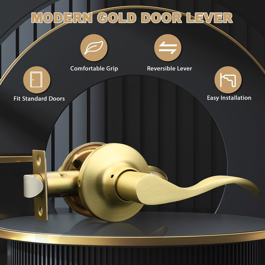 Gold Door Handles Interior Wave Passage Door levers Brushed Gold Interior Door Handles for Hall Closet Reversilble