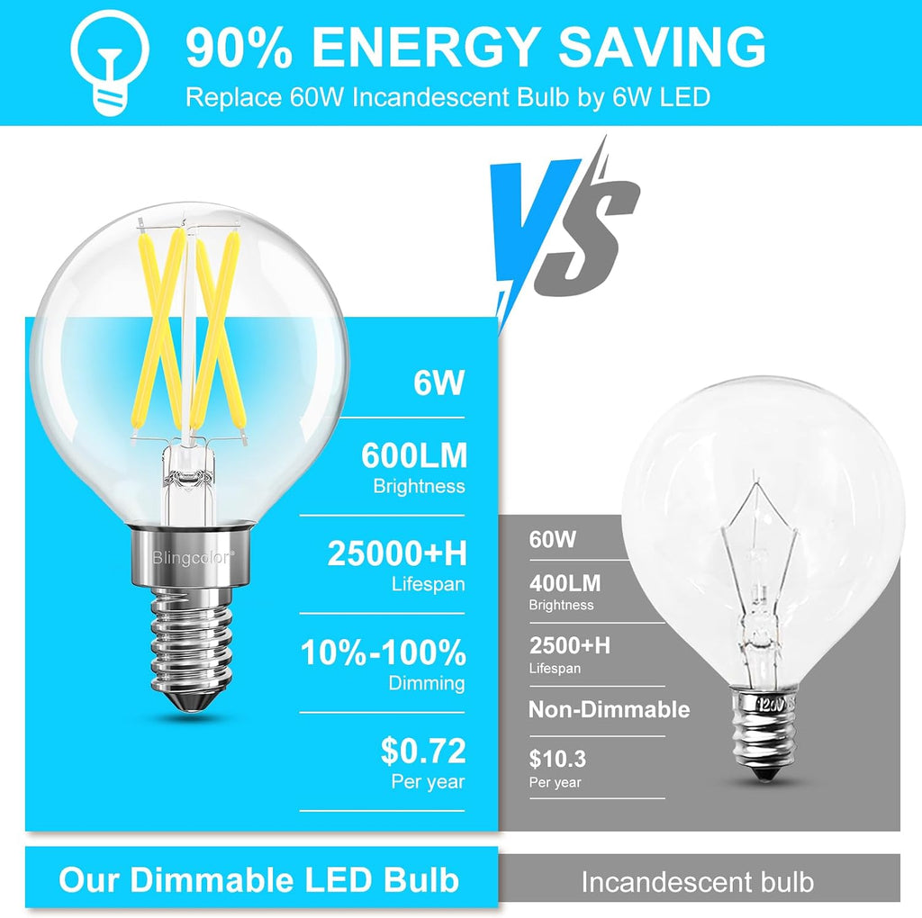 6 Pack E12 Dimmable G16.5 6W LED Candelabra Globe Light Bulbs 5000K
