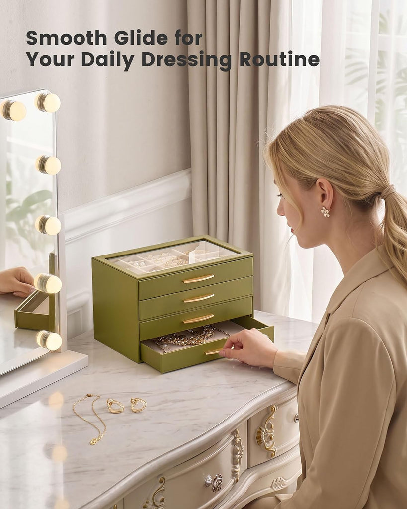 Jewelry Box Organizer with Glass Lid for Women -4Layer, Olive Green