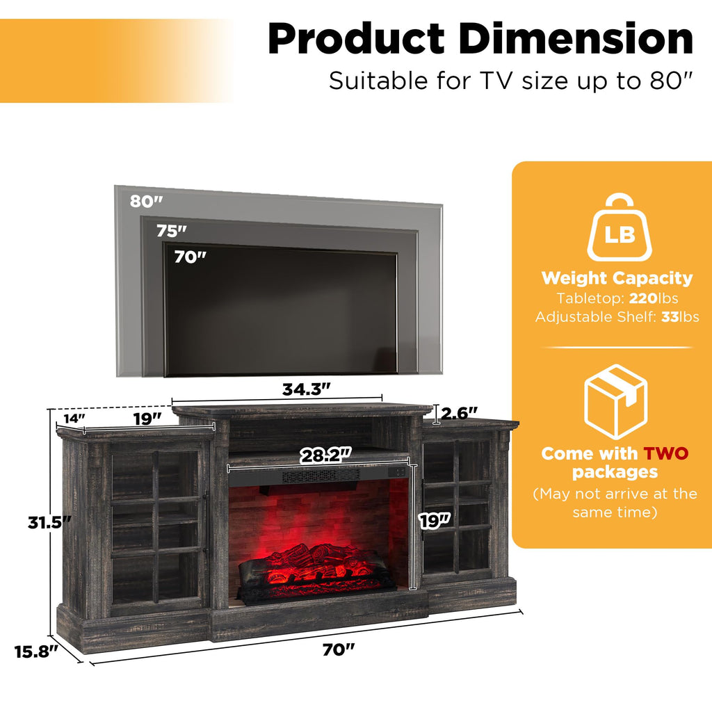 70" Farmhouse TV Stand with 28" Fireplace, Rustic Black
