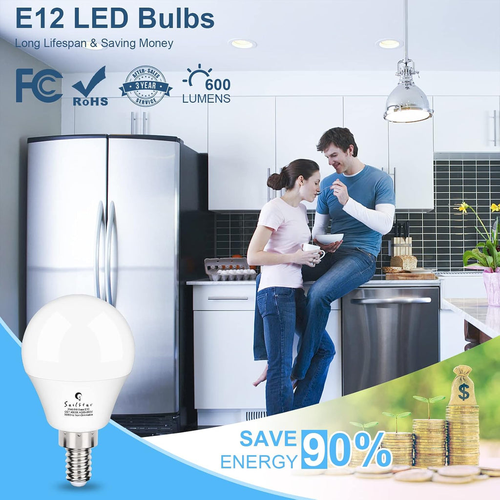 Candelabra LED Light Bulbs 60-Watt Equivalent, Daylight White 5000K, E12 Candelabra Base, 6 Watt A15 LED Bulbs