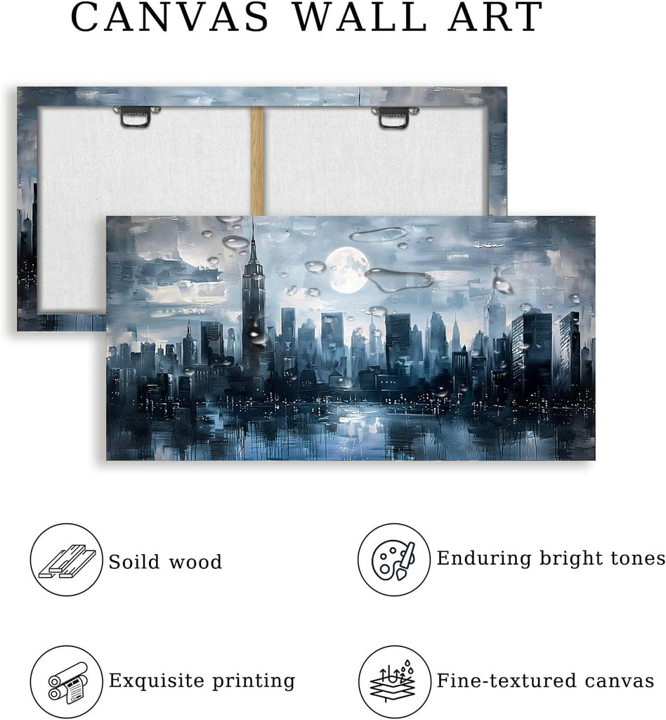 New York Skyline Wall Art Prints, City Night Landscape Large Canvas Painting, Abstract Urban Architecture Aesthetic