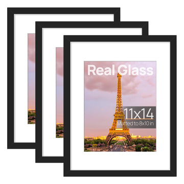 11x14 Picture Frame, Gallery Glass Photo Frames Set of 3, Black