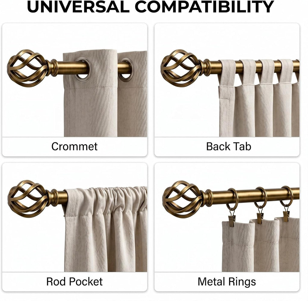Brass Curtain Rods 18 to 88 Inches, 1 Inch Modern Drapery Rods, Adjustable Heavy Duty Curtain Rod, with Twisted Cage