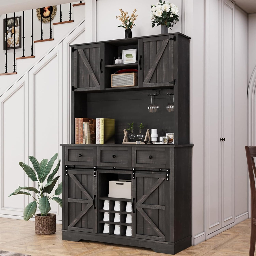 Tall Farmhouse Coffee Bar Cabinet with Wine Rack, Rustic Oak | Kitchen Pantry Storage Cabinet with 3 Drawers