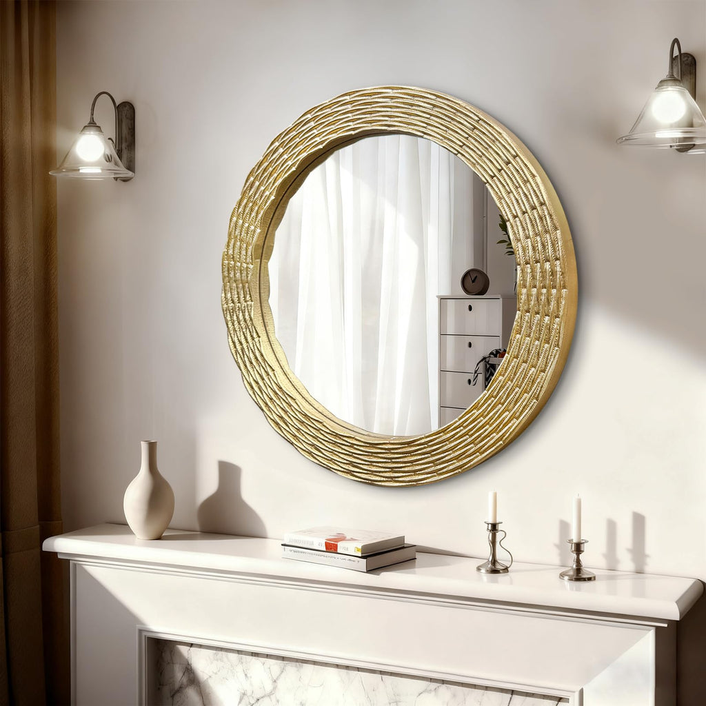 Gold Round Wood Wall Mount Mirror, 24 Inch Hand Carved Solid Wood Frame Circle Mirror, Farmhouse Boho Decor