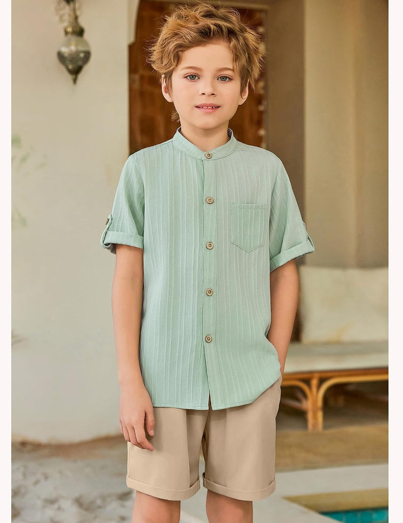 Boys Summer Outfits Textured Button Down Shirt and Shorts Set