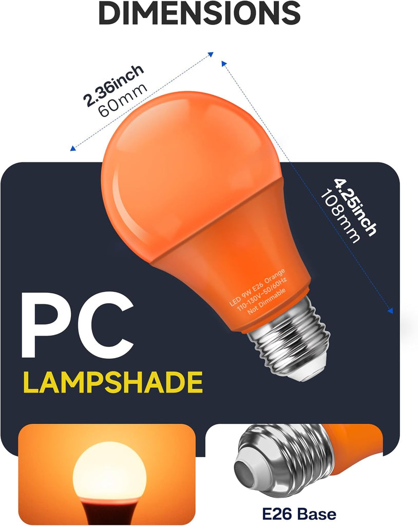 A19 Orange Colored LED Light Bulbs: 9W E26 Equivalent 60W