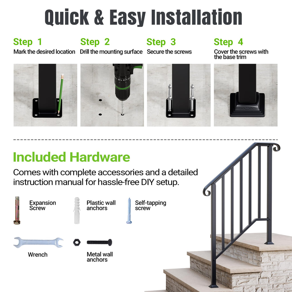 2 Pack 3 Step Handrails for Outdoor Steps, Wrought Iron Stair Railing Fits 2 or 3 Steps, Metal Hand Rail with