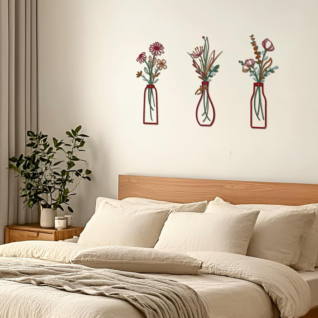 Metal Wall Art Flowers , Rustic Farmhouse Flower Sculptures, 13.7" Wall Art Decor, Drill-Free Install Option - Set of 3