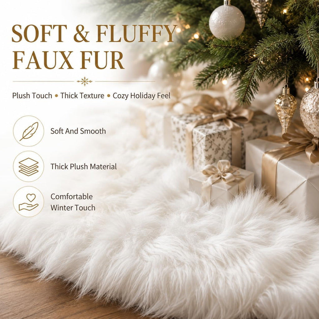 48 Inch White Faux Fur Christmas Tree Skirt, Luxury Plush Tree Base Cover and Home Christmas Decor