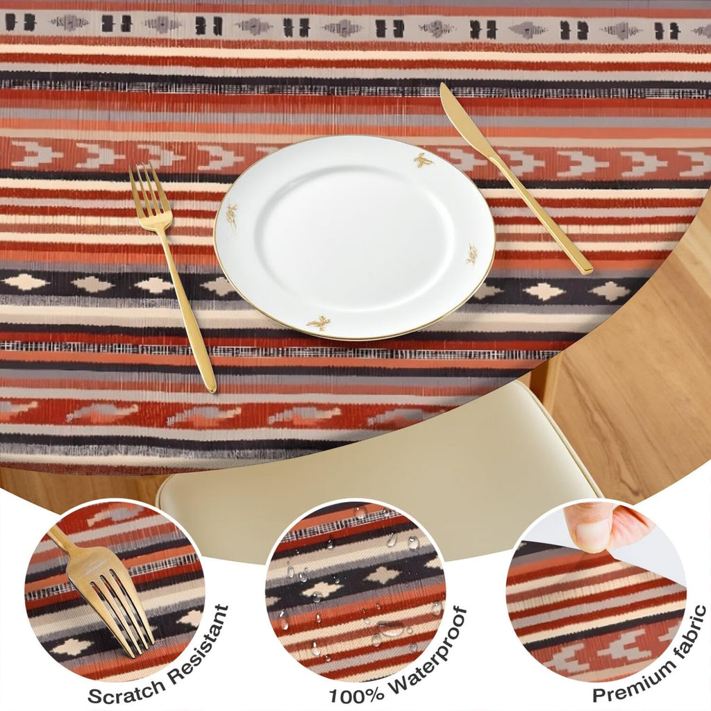 Boho 42 Inch Round Fitted Cloth Tablecloth with Elastic Edged, Waterproof Oil Proof Wipeable Table Cover for Indoor