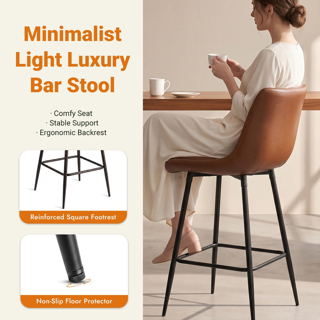 Counter Height Bar Stools Set of 2, FSC Certified Upholstered Faux Leather Barstools with Back, Metal Base, 27" Seat