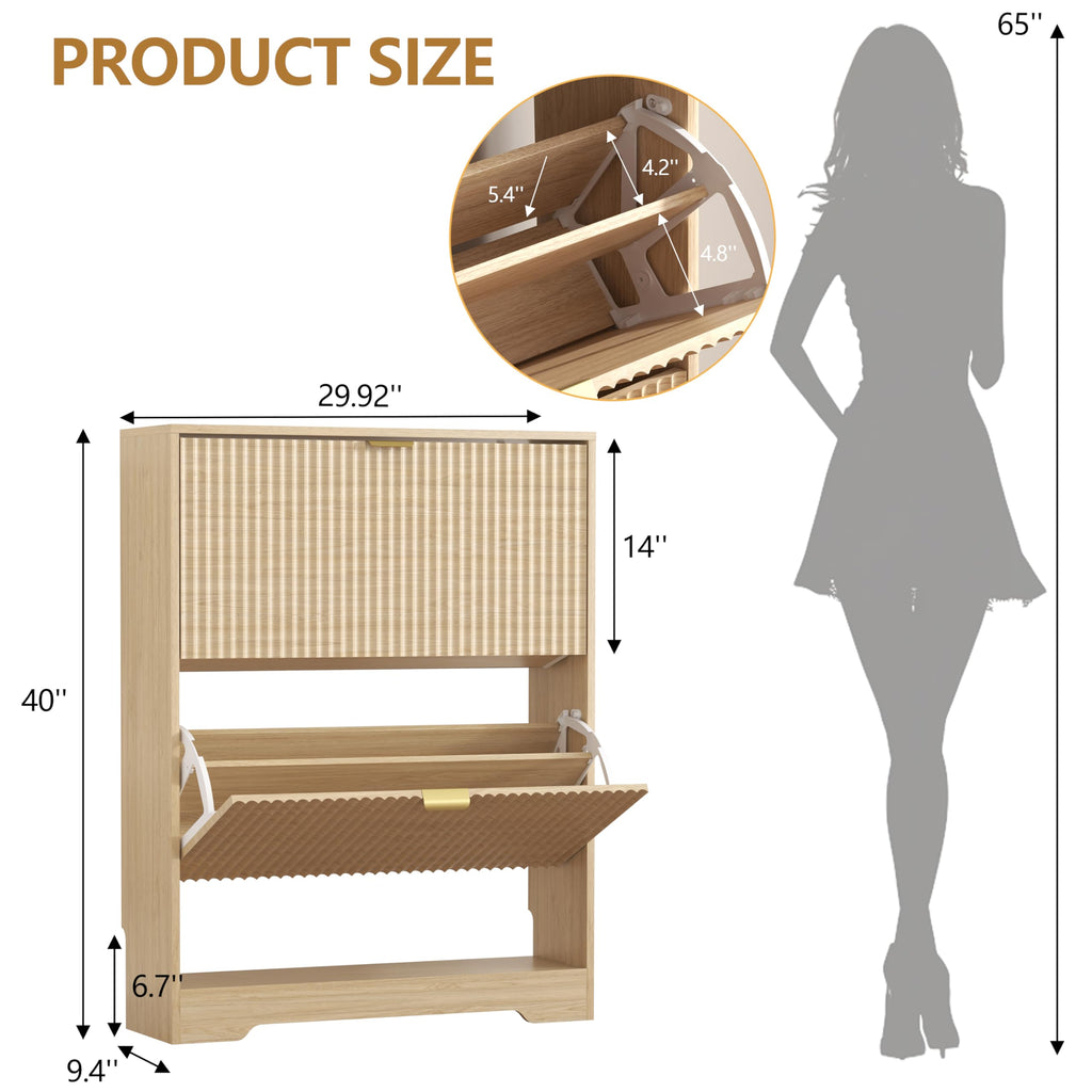 Shoe Cabinet Storage with 2 Flip Drawers, Fluted Shoe Cabinet with Open Storage, Wooden Hidden Shoe Rack Freestanding