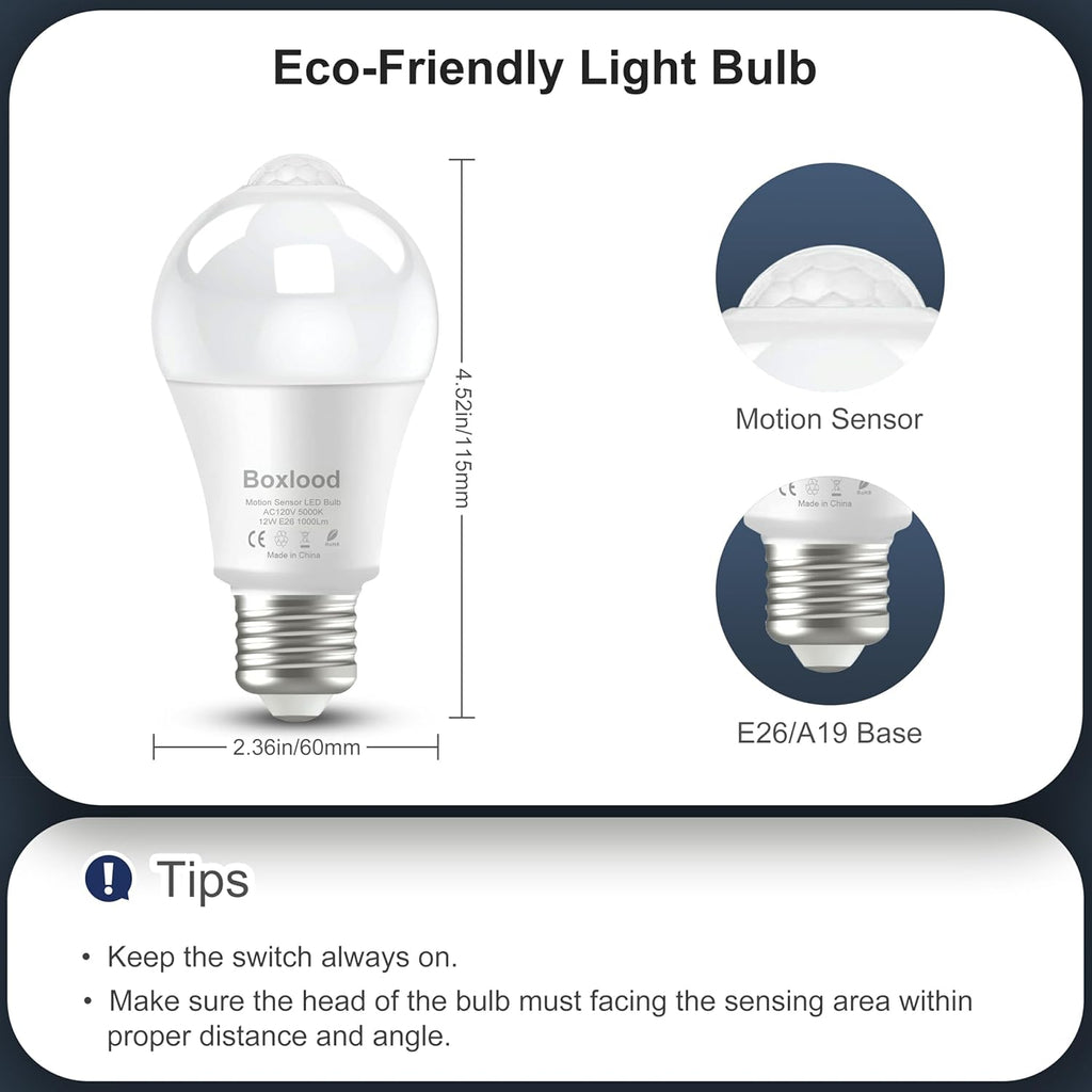 Motion Sensor Light Bulbs, 12W(100W Equivalent) A19 E26 5000K Auto On/Off