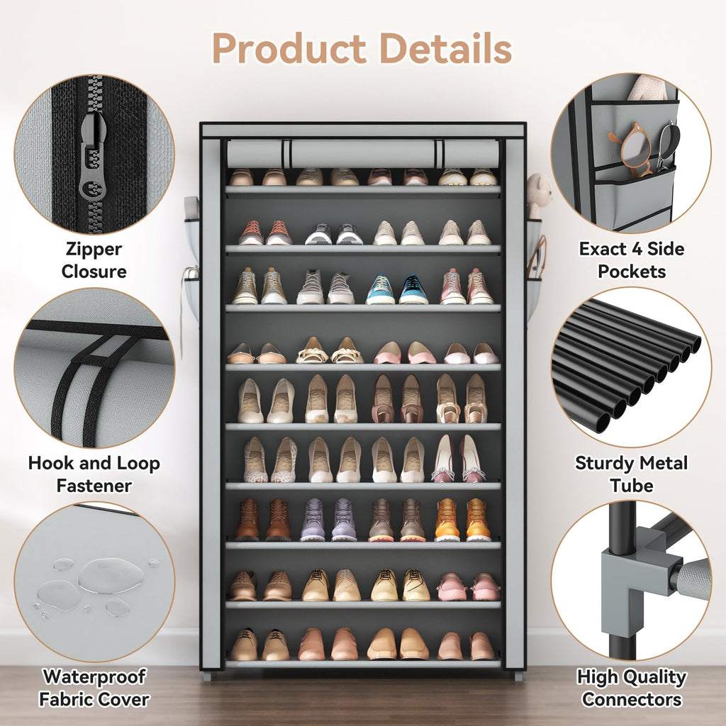 Shoe Rack with Covers 10 Tier Tall Shoe Rack Organizer Large Capacity Shoe Shelf Storage 40 Pairs Space Saving Free