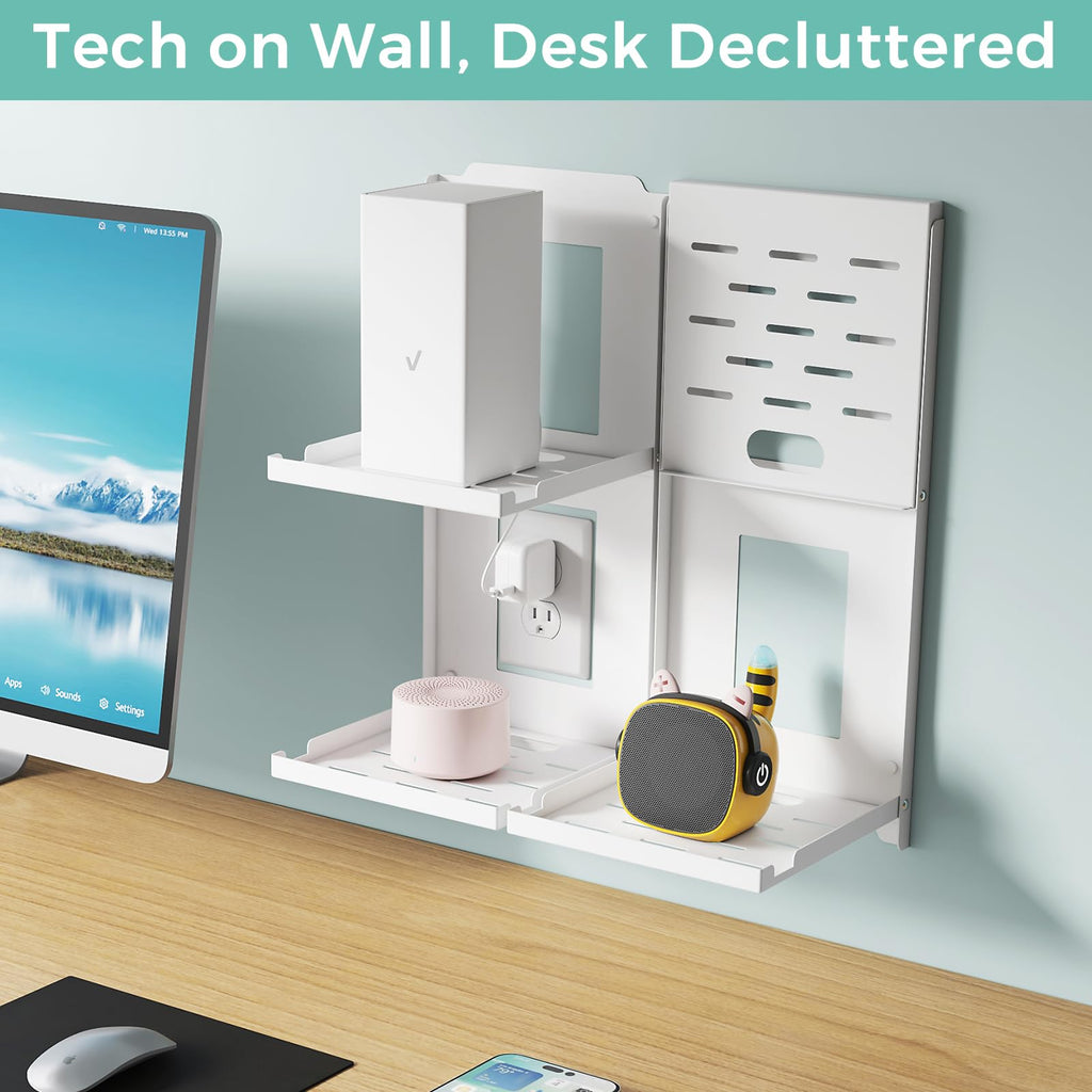2-Tier Small Router Shelf Wall Mount - 7.5 inch Folding Metal Outlet Shelf w/Cable Holes | Dual-Layer & Stackable